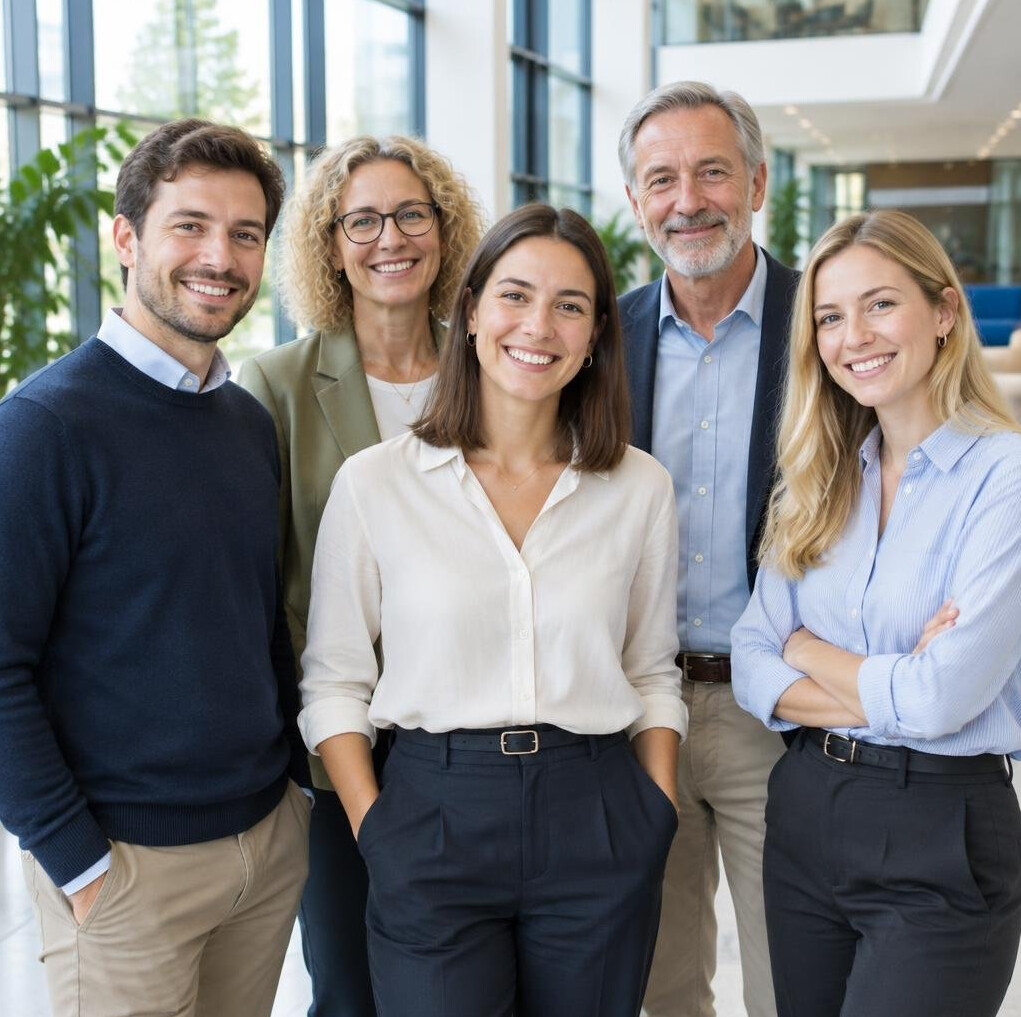 Diverse team of professionals smiling together in an office lobby