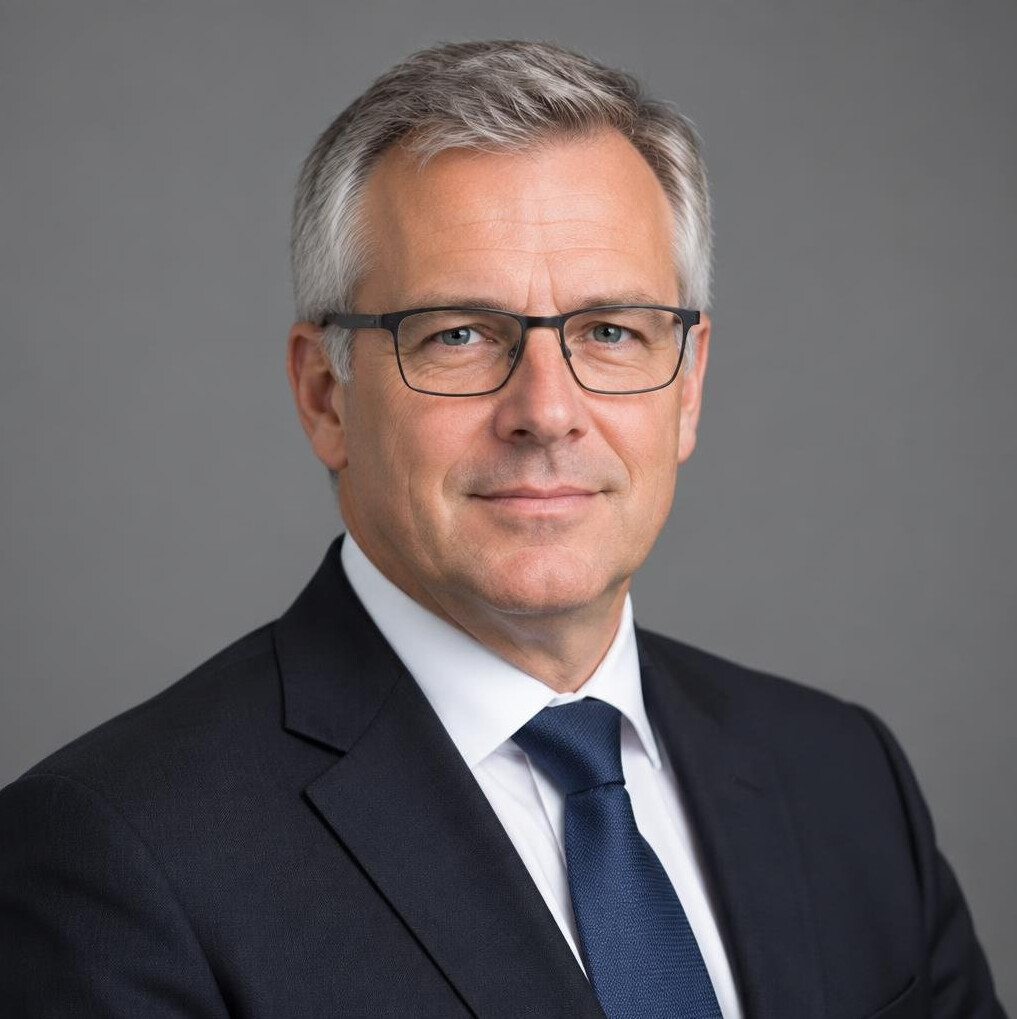 Studio portrait of a Belgian businessman with grey hair and glasses