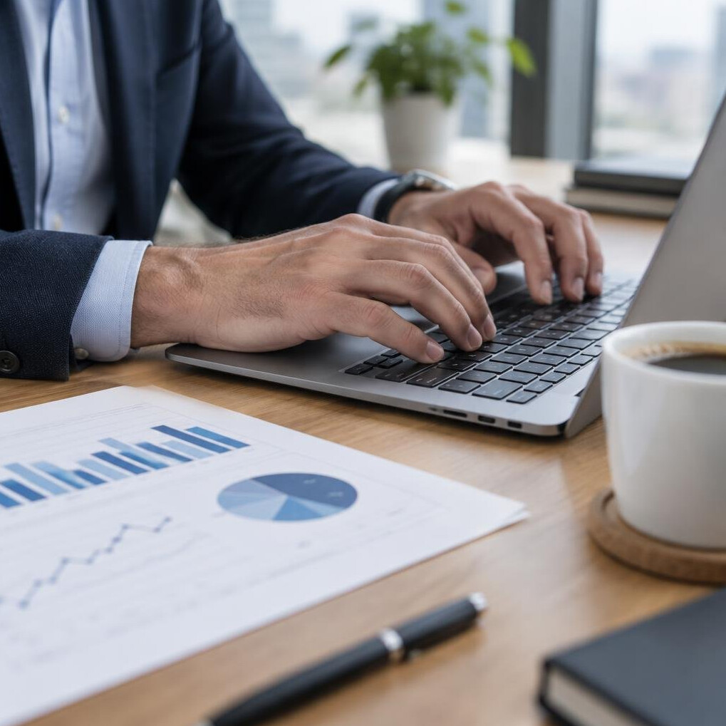 Close-up of hands typing on a laptop keyboard beside printed charts