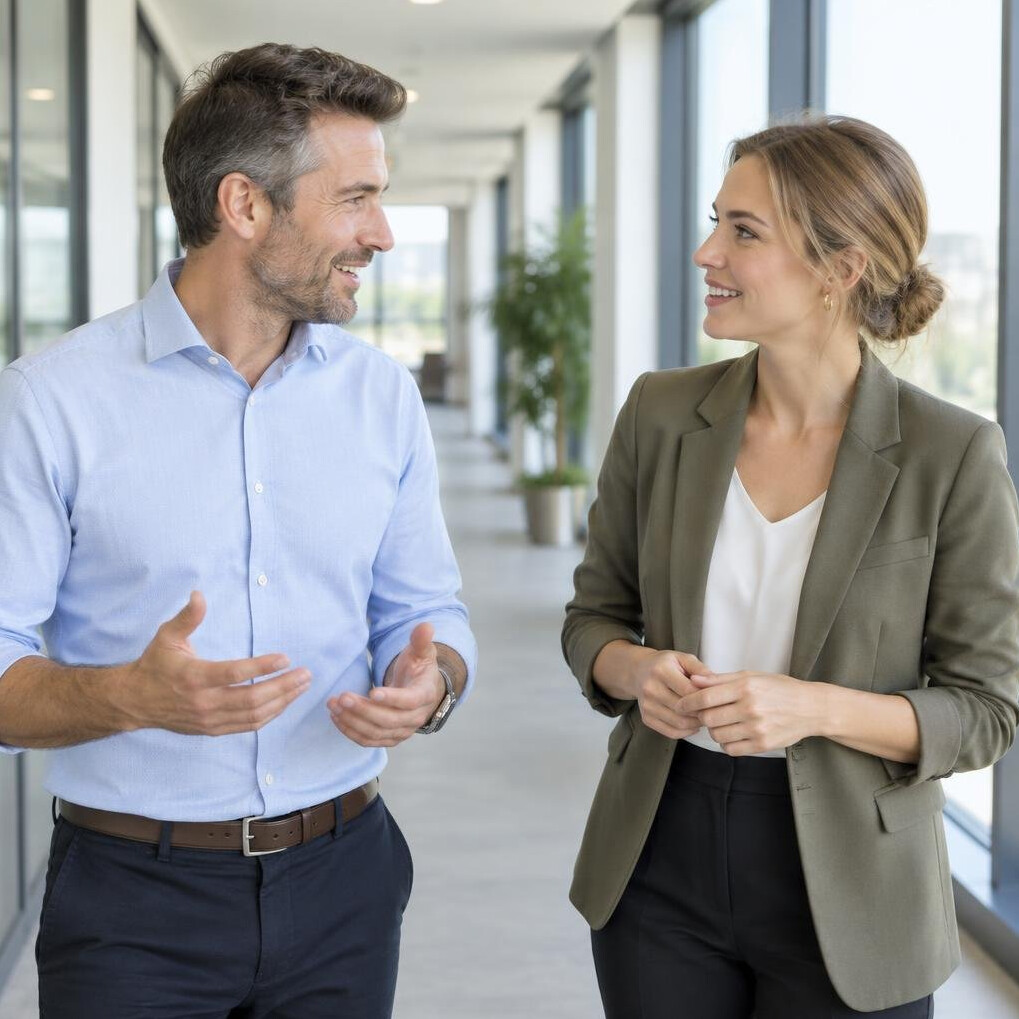 Two European colleagues having a friendly discussion in an office corridor