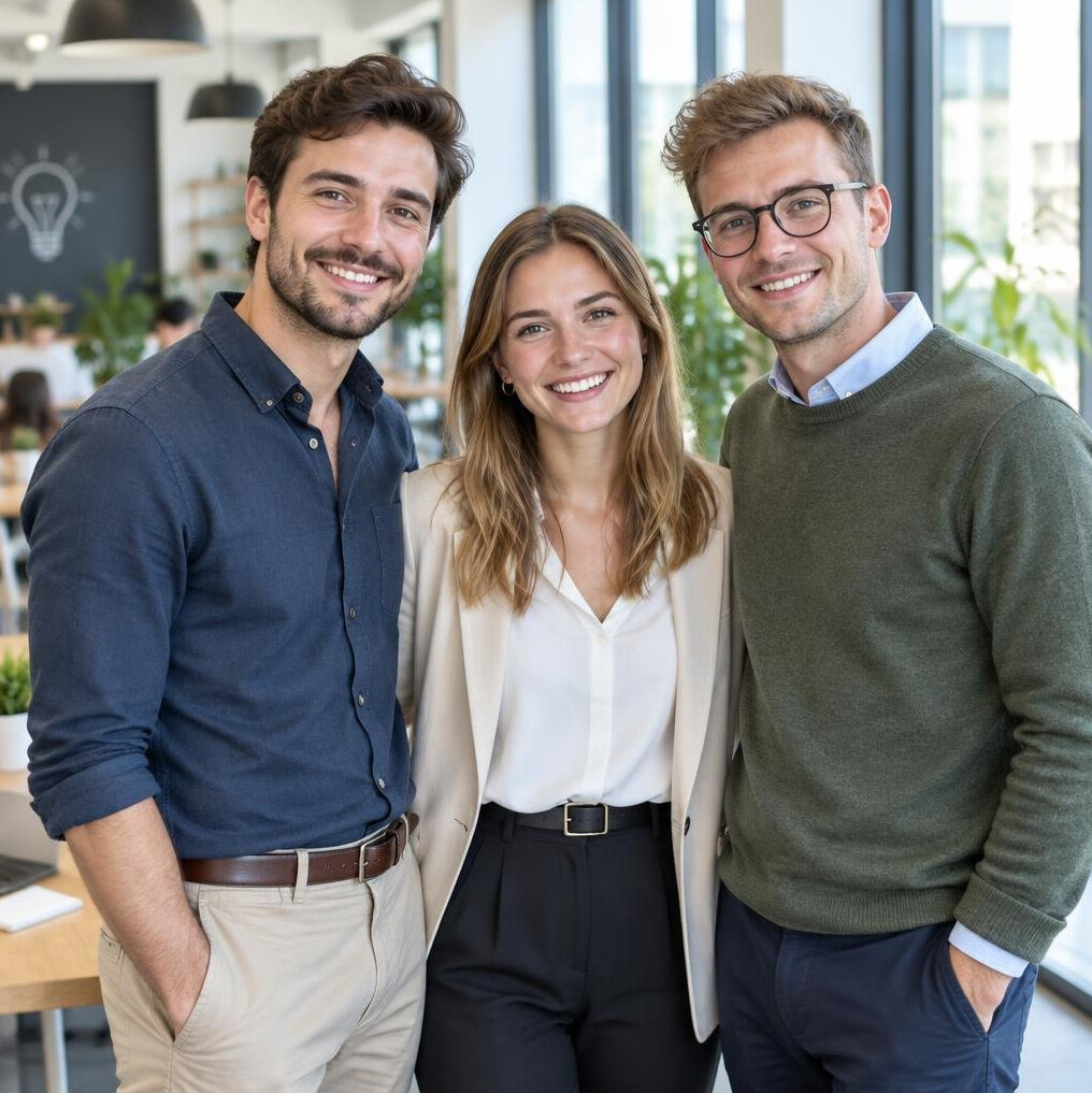 Diverse group of young European professionals smiling in a coworking space
