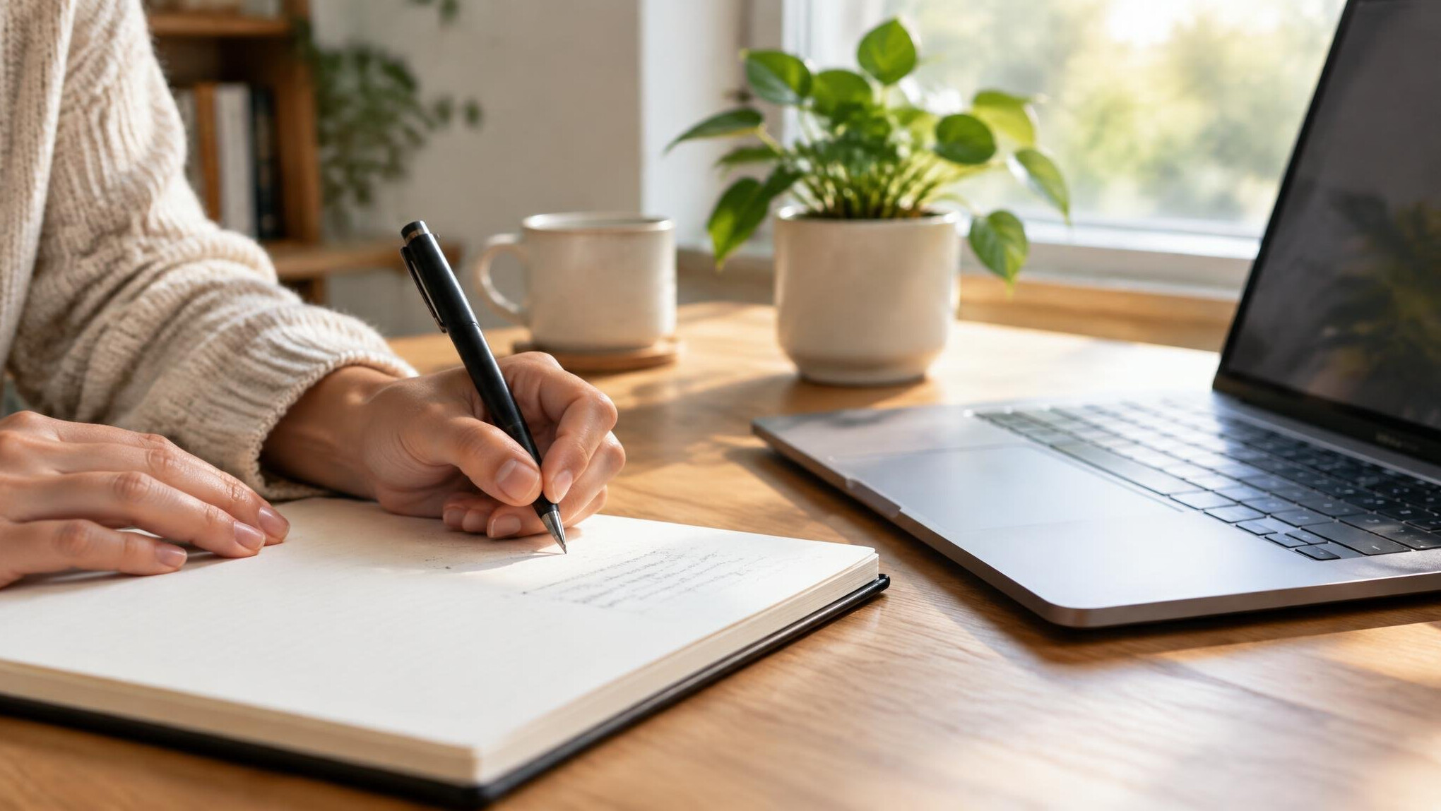 Close-up of hands writing notes beside a laptop on a wooden desk
