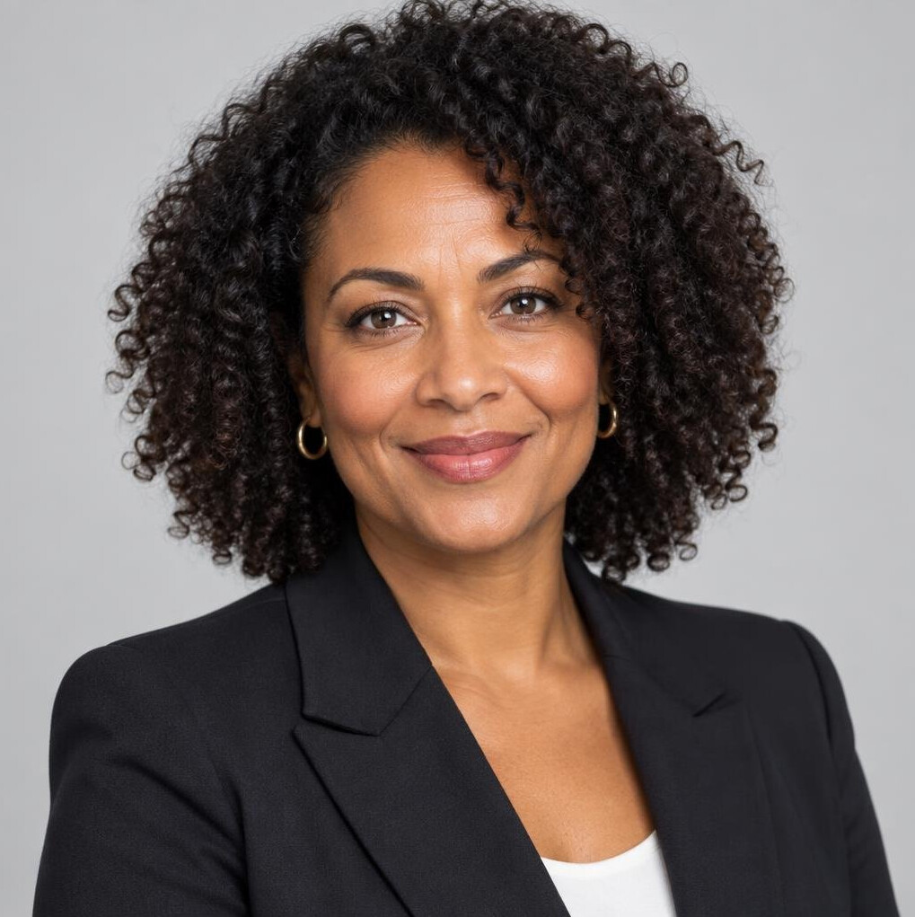 Studio portrait of a professional woman with curly hair wearing a blazer